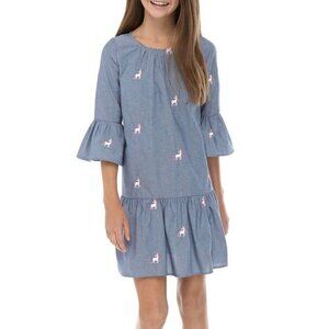 Girls Rare Editions Bell Sleeve Chambray Unicorn Dress Sz 14 Blue White Pink EUC
